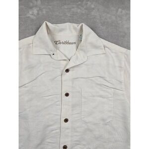 Caribbean Hawaiian Shirt Mens M Cream Tropical Leaf Short Sleeve Modal Blend